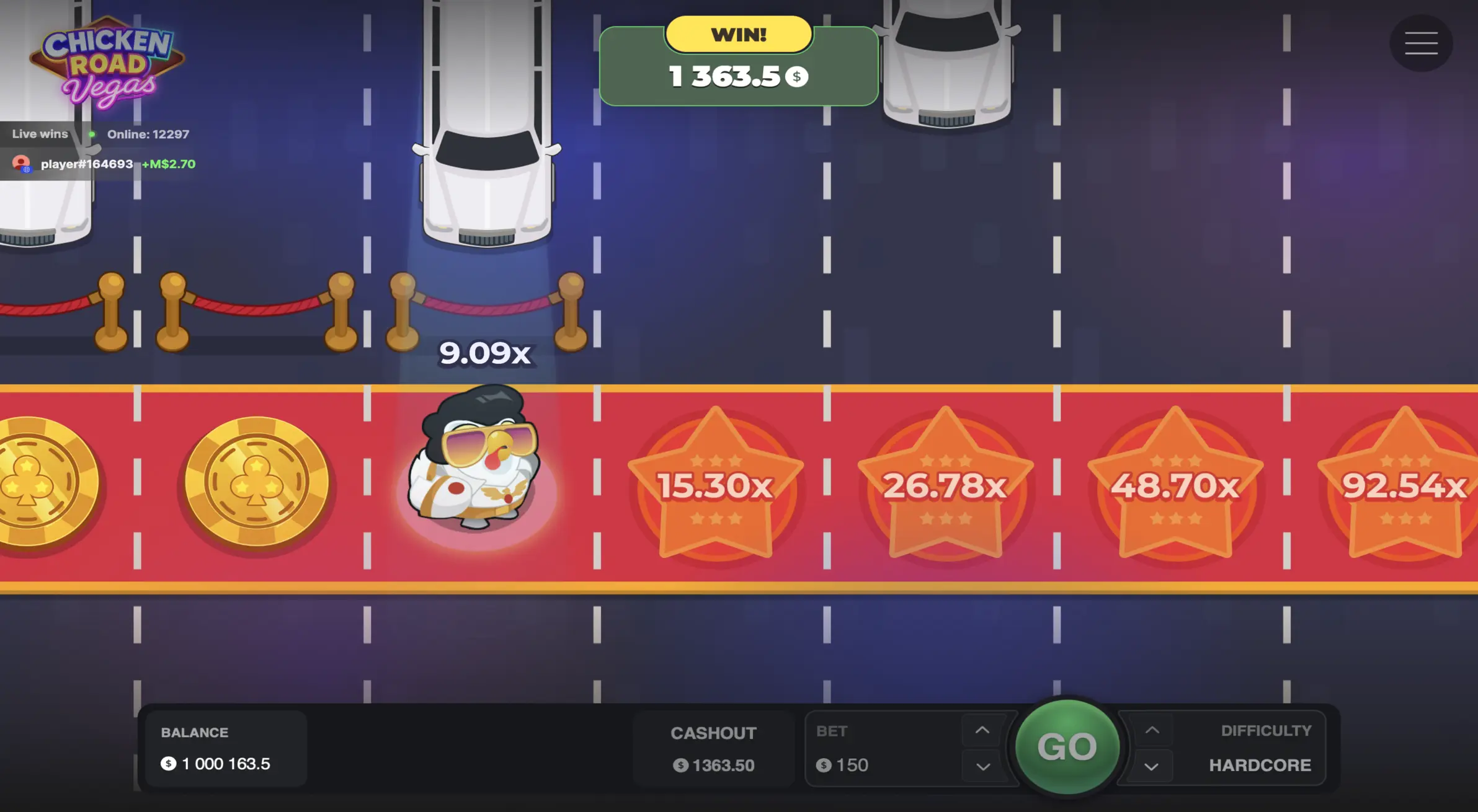 Gameplay view of Chicken Road Vegas – cross the busy road, collect coins and multiply your winnings