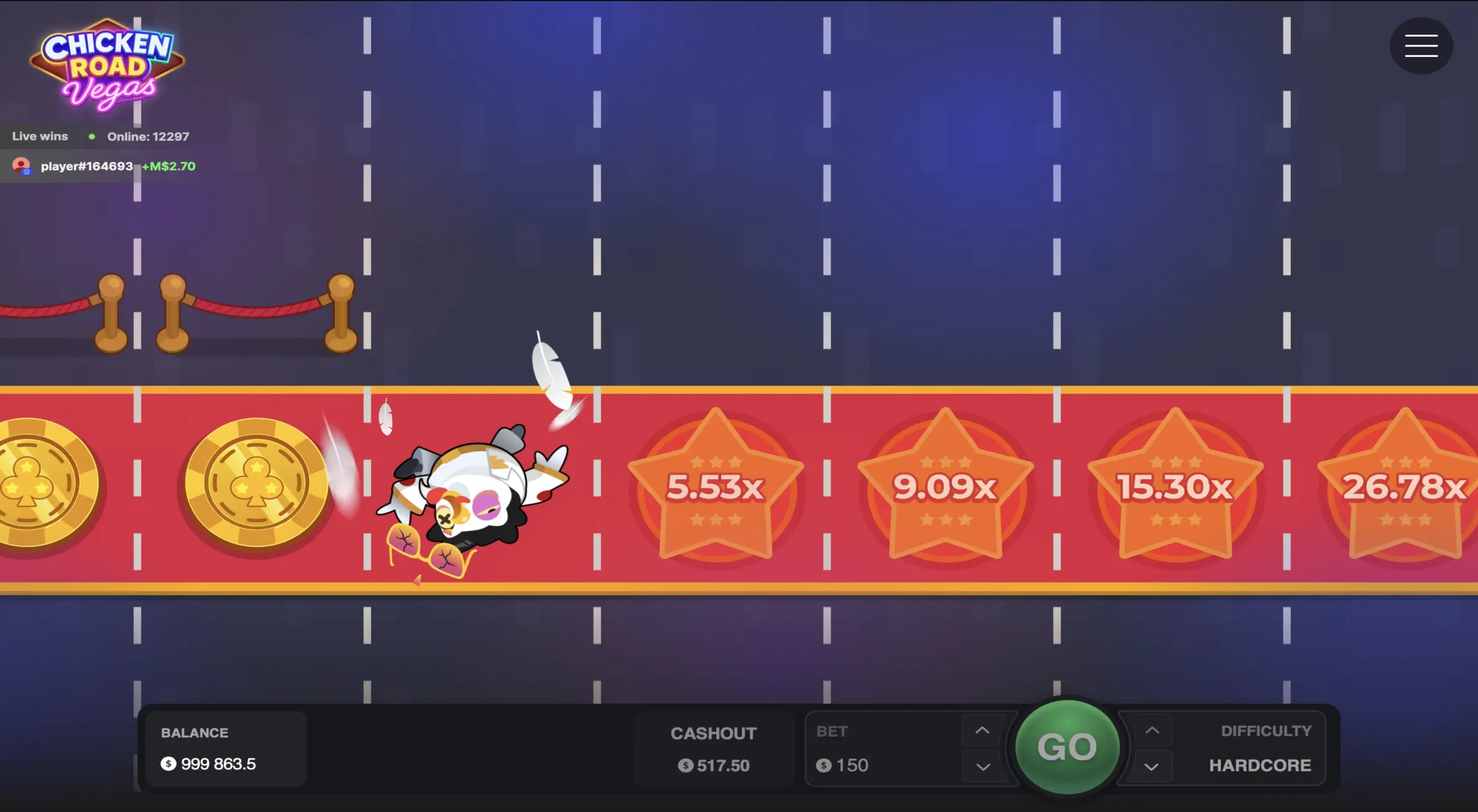 Chicken Road Vegas online crash game – active round showing balance, bet, difficulty Hardcore and GO button